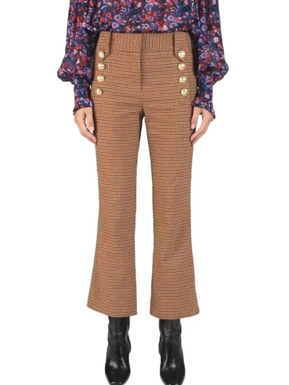 Derek Lam 10 Crosby Corinna Crop Pants Tan Black Red Plaid Gold Buttons Size 14